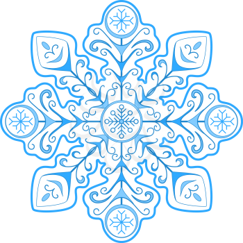 Blue winter snowflake, monochrome contour on white background. Vector