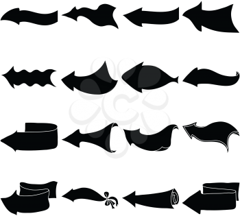 Set of black arrows silhouettes with different shapes on a white background. Vector