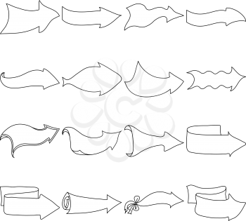 Set of different arrows, black graphic contours on a white background. Vector