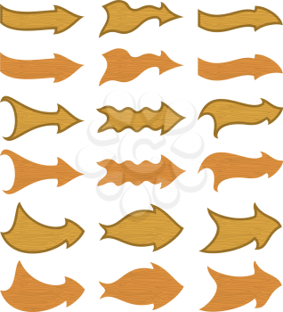 Set of Arrows of Various Shapes with Wood Texture on White Background. Vector