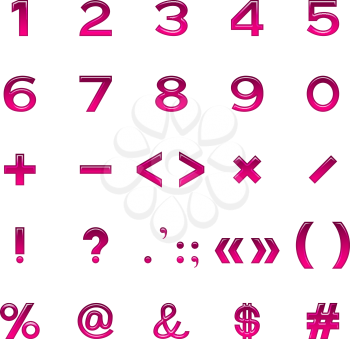 Set of computer icons, numbers, mathematical and punctuation signs, stylized glass lilac buttons, elements for web design. Eps10, contains transparencies. Vector