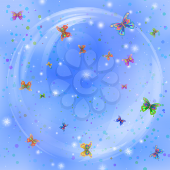Holiday background, beautiful colorful butterflies and stars in big bubble on blue sky. Eps10, contains transparencies. Vector