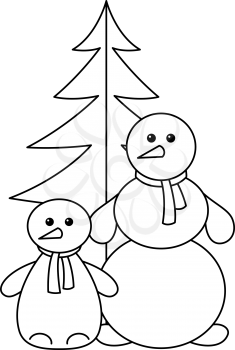 Snowballs family with christmas fir-tree, monochrome contours