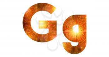 Set of English letters signs uppercase and lowercase G, stylized gold and orange holiday firework with stars and flares, elements for web design. Eps10, contains transparencies. Vector