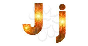 Set of English letters signs uppercase and lowercase J, stylized gold and orange holiday firework with stars and flares, elements for web design. Eps10, contains transparencies. Vector