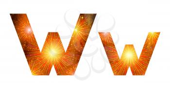Set of English letters signs uppercase and lowercase W, stylized gold and orange holiday firework with stars and flares, elements for web design. Eps10, contains transparencies. Vector