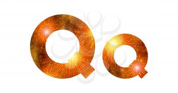 Set of English letters signs uppercase and lowercase Q, stylized gold and orange holiday firework with stars and flares, elements for web design. Eps10, contains transparencies. Vector