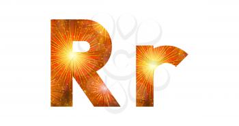 Set of English letters signs uppercase and lowercase R, stylized gold and orange holiday firework with stars and flares, elements for web design. Eps10, contains transparencies. Vector