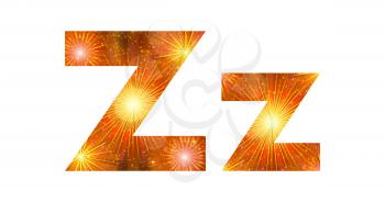 Set of English letters signs uppercase and lowercase Z, stylized gold and orange holiday firework with stars and flares, elements for web design. Eps10, contains transparencies. Vector