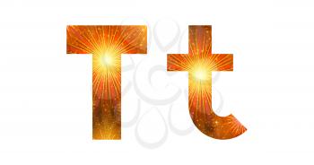Set of English letters signs uppercase and lowercase T, stylized gold and orange holiday firework with stars and flares, elements for web design. Eps10, contains transparencies. Vector