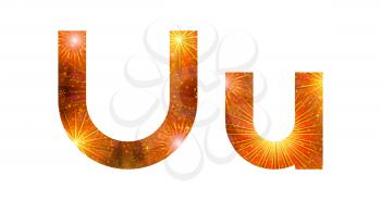 Set of English letters signs uppercase and lowercase U, stylized gold and orange holiday firework with stars and flares, elements for web design. Eps10, contains transparencies. Vector
