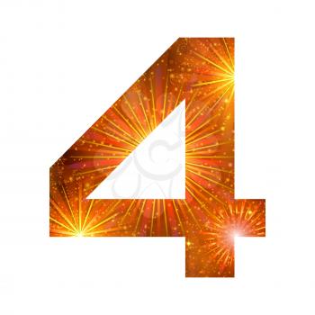 Mathematical sign, number four, stylized gold and orange holiday firework with stars and flares, element for web design. Eps10, contains transparencies. Vector