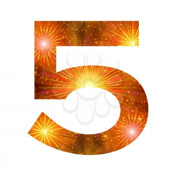 Mathematical sign, number five, stylized gold and orange holiday firework with stars and flares, element for web design. Eps10, contains transparencies. Vector