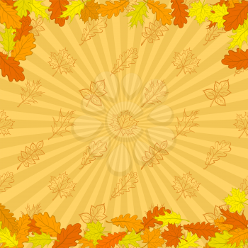 Autumn background - leaves red, orange and yellow on background with rays. Vector