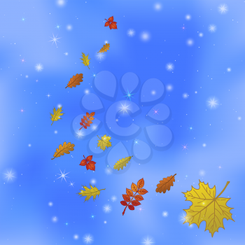 Abstract background with autumn leaves of various plants flying in blue sky. Eps10, contains transparencies. Vector