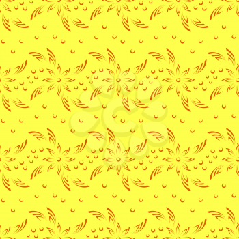Abstract Seamless Background with Orange Silhouette Flowers on Yellow, Symbolical Pattern. Vector