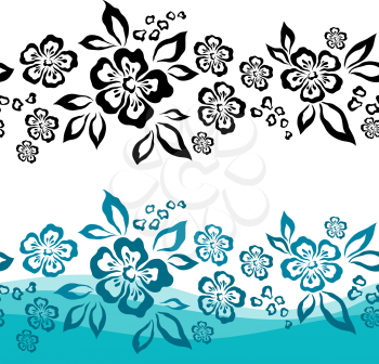 Abstract Seamless Pattern with Blue and Black Flowers on White Background. Vector