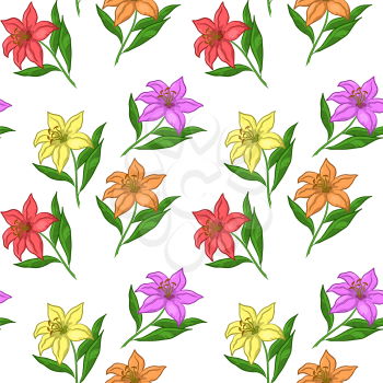 Floral seamless background with lily flowers of various colors, isolated on white. Vector