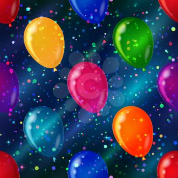 Holiday seamless background for web design with confetti and color balloons flying in space with dark blue sky, stars and color cosmic rays. Eps10, contains transparencies. Vector