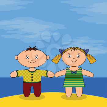 Children on Sea Shore, Little Boy and Girl, Dolls Standing on Sand Beach Under Blue Sky. Vector