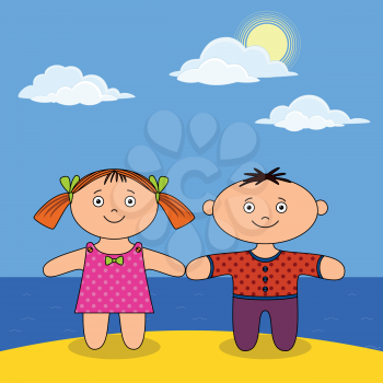 Children on sea shore, little boy and girl, dolls standing on sand beach under blue sky. Vector