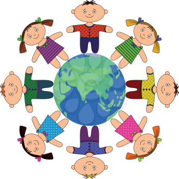 Happy children standing around Earth, holding hands and smiling. Vector