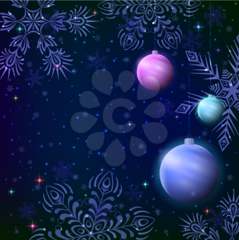 Holiday Christmas background, colorful glass balls decoration, snowflakes and stars on blue sky, illustration for web design. Eps10, contains transparencies. Vector