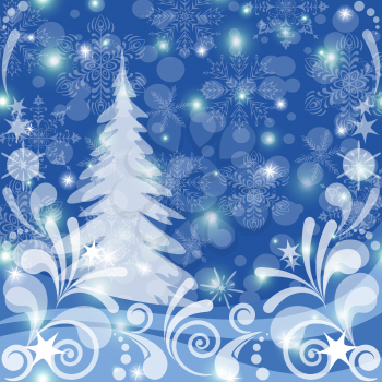 Christmas background for holiday design, winter snowy forest with fir tree, abstract white patterns, snowflakes and stars. Vector eps10, contains transparencies