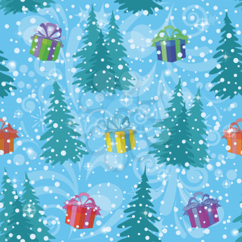 Christmas Seamless Background for Holiday Design with Fir Trees, Gift Boxes, Confetti and Patterns on Blue Sky. Eps10, Contains Transparencies. Vector
