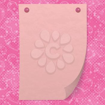 Valentine holiday background with pink sheet of paper pinned on two thumbtacks, pictogram hearts and confetti. Eps10, contains transparencies. Vector