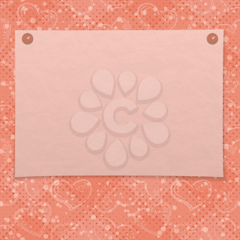 Valentine holiday background with pink sheet of paper pinned on two thumbtacks, pictogram hearts and confetti. Eps10, contains transparencies. Vector