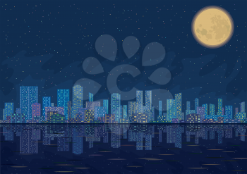 Urban background, night cityscape with skyscrapers, starry sky reflecting in blue sea and big bright moon. Vector