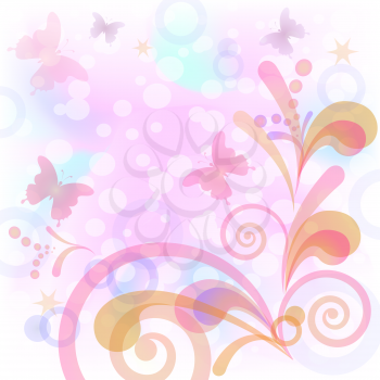 Abstract pink background with symbolical butterflies and figures. Vector eps10, contains transparencies
