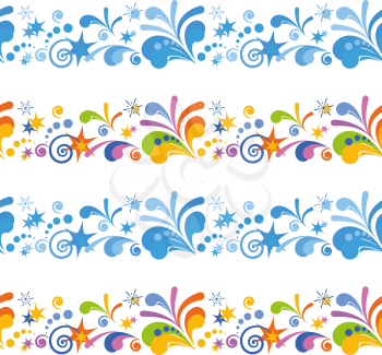 Abstract Seamless Background with Symbolical Colorful and Blue Floral Patterns, Stars and Spirals on White