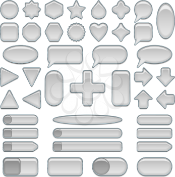 Set of glass silver buttons and sliders, computer icons of different forms for web design, isolated on white background. Eps10, contains transparencies. Vector