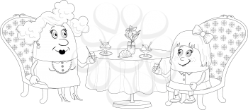 Fat mother and daughter sitting near the table, drinking juice and eating ice cream, funny cartoon illustration, black contour isolated on white background. Vector