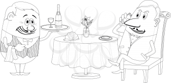 Respectable man sitting behind restaurant table while waiter gives him a tray with champagne, funny cartoon illustration, black contour on white background. Vector