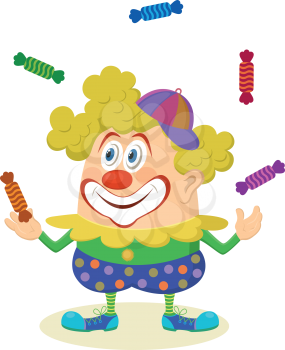 Cheerful kind circus clown in colorful clothes juggling candies, holiday illustration, funny cartoon character, isolated on white background. Vector