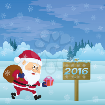 Santa Claus with a Bag of Gifts Walking in Winter Forest Near the Wooden Sign with Inscription 2016, Christmas Cartoon Illustration. Vector