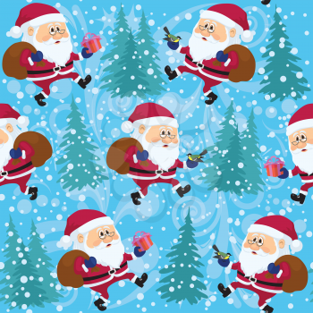 Christmass seamless illustration, cartoon Santa Claus walking with bag of gifts on abstract blue background with fir trees and patterns. Vector eps10, contains transparencies