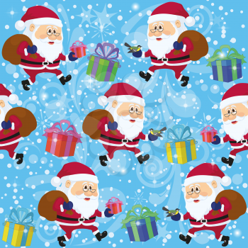 Christmass Seamless Illustration, Cartoon Santa Clauses Walking with Gift Boxes or Titmouse on Abstract Blue Background with Confetti and Patterns. Vector Eps10, Contains Transparencies