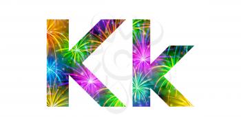 Set of English letters signs uppercase and lowercase K, stylized colorful holiday firework with stars and flares, elements for web design. Eps10, contains transparencies. Vector