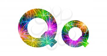 Set of English letters signs uppercase and lowercase Q, stylized colorful holiday firework with stars and flares, elements for web design. Eps10, contains transparencies. Vector