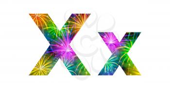 Set of English letters signs uppercase and lowercase X, stylized colorful holiday firework with stars and flares, elements for web design. Eps10, contains transparencies. Vector