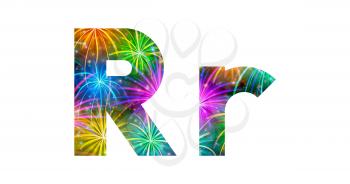 Set of English letters signs uppercase and lowercase R, stylized colorful holiday firework with stars and flares, elements for web design. Eps10, contains transparencies. Vector