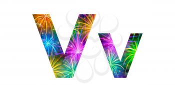 Set of English letters signs uppercase and lowercase V, stylized colorful holiday firework with stars and flares, elements for web design. Eps10, contains transparencies. Vector