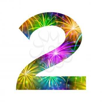 Mathematical sign, number two, stylized colorful holiday firework with stars and flares, element for web design. Eps10, contains transparencies. Vector