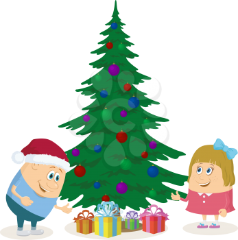Cheerful children, boy and girl finding gift boxes under fir tree, Christmas holiday illustration, funny cartoon characters isolated on white background. Vector