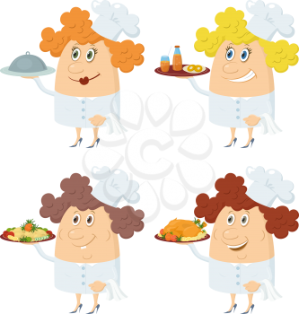 Set of Chefs Women with Different Meals on Their Trays, Juice, Biscuits, Potatoes, Roast Turkey, Funny Cartoon Characters Isolated on White Background. Eps10, contains transparencies. Vector
