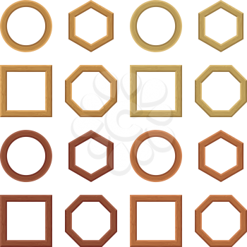 Set of empty wooden frames, different shapes and colors. Circle, square, hexagon, octagon. Vector